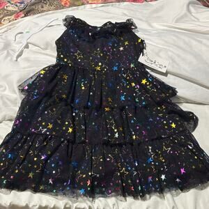 Pippa & Julie 8 Black rainbow metallic Starry Dress multi tier fancy shimmer nwt